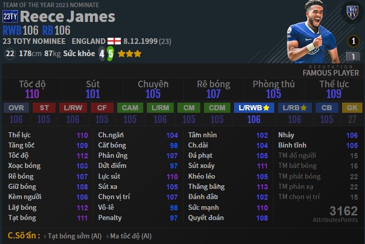 Reece James 23TY-N chính là một trong những cầu thủ FIFA Online 4 ngon bổ rẻ