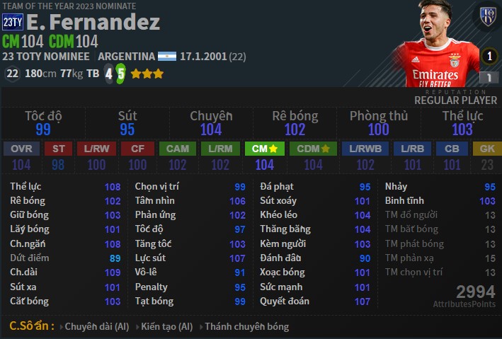 Enzo Fernandez 23TY-N là cầu thủ FIFA Online 4 ngon bổ rẻ và đáng đầu tư nhất